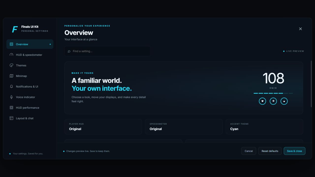 Finals UI Kit customization dashboard with HUD, speedometer, theme and layout settings